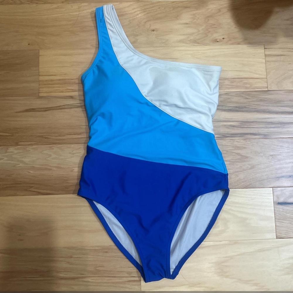 Blue and White One-Shoulder Swimsuit